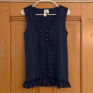 Matilda Jane Paint By Numbers no sleeve Blouse, Blue with lace on front/bottom